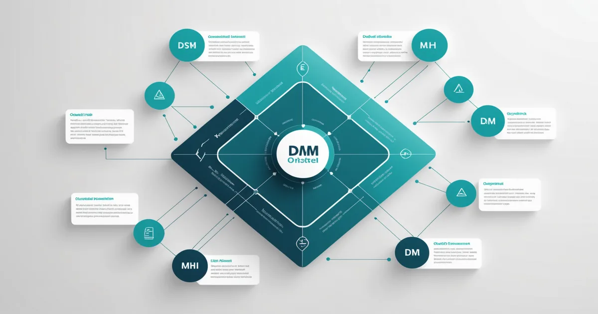Abstract visualization of CDISC SDTM domain mapping with data flow nodes on a clinical data background