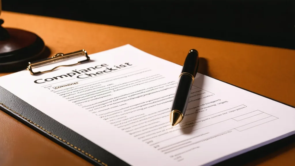 Compliance checklist on legal pad with warm desk lamp light