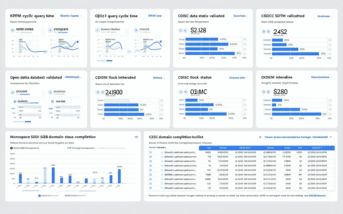 Trialhelix data management dashboard showing SDTM domain completion status and query metrics