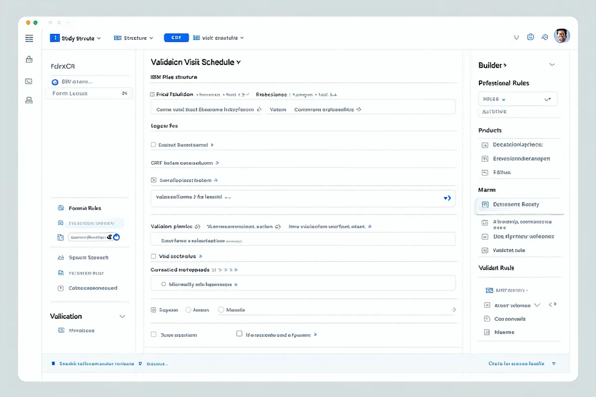Trialhelix EDC interface showing eCRF form configuration and edit check library