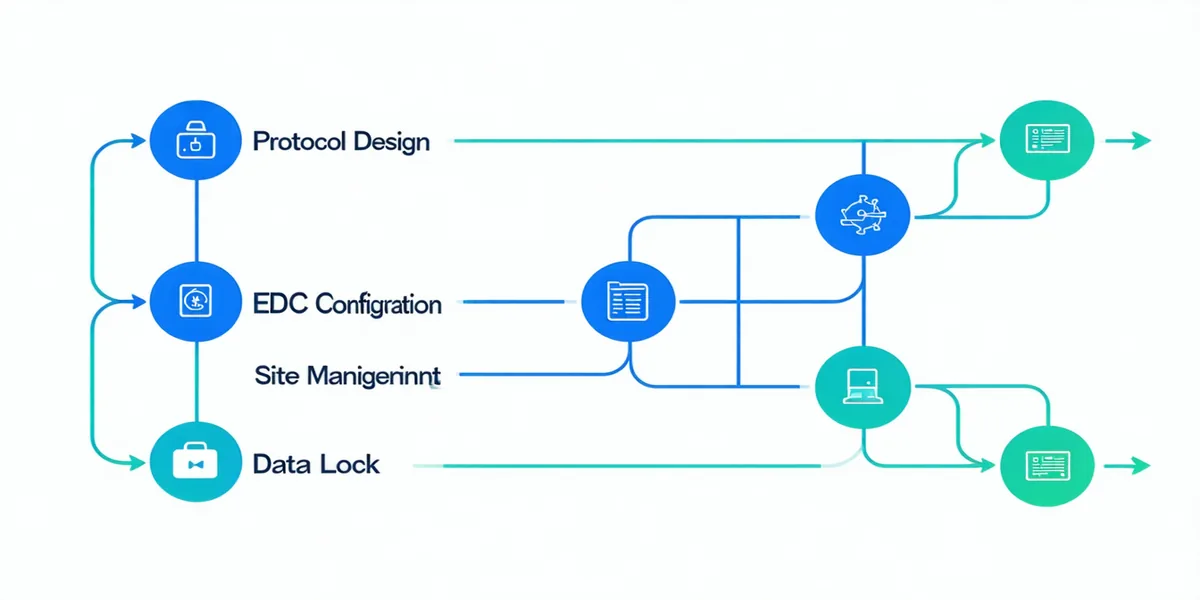 Clinical trial study lifecycle workflow diagram showing Protocol Design through Data Lock phases